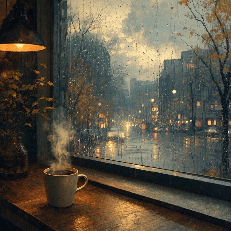 雨の窓辺とコーヒーカップを描いた、カフェ作業用Lo-fiパックのジャケット