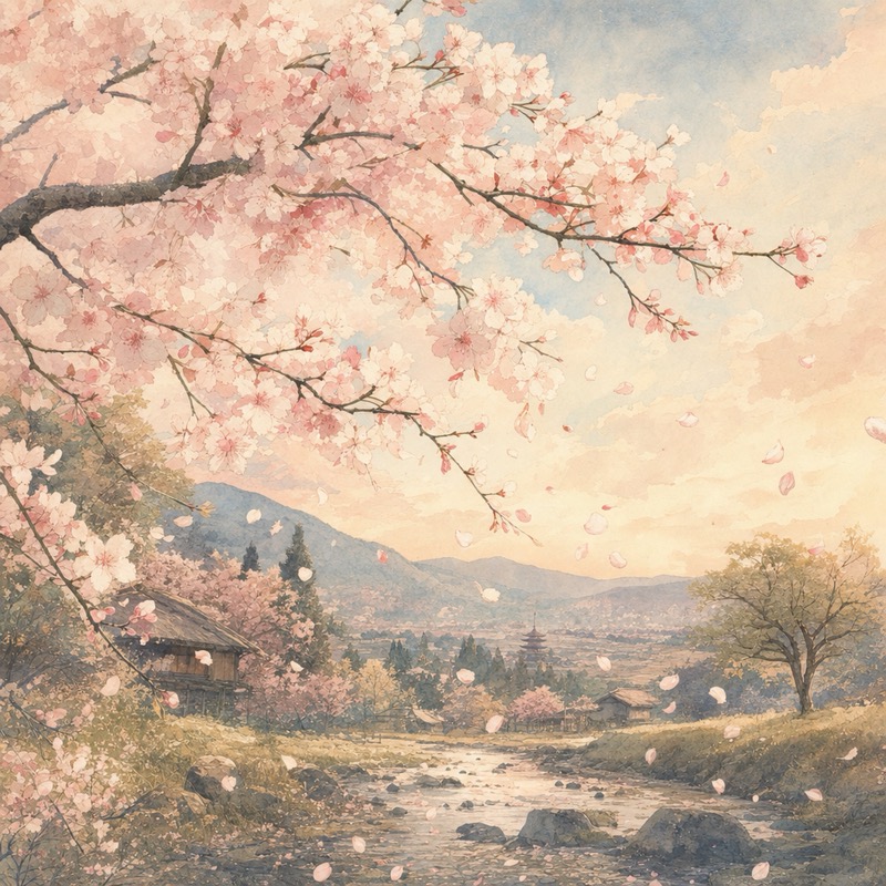 桜と里山の風景を描いた、和風・旅情パックのジャケット